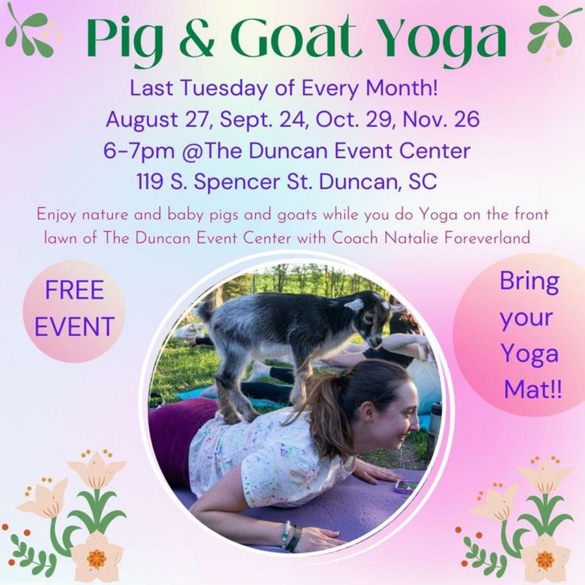 FairfieldDuncan's tweet image. Get your zen on with baby pig &amp;amp; goat yoga! 🐷🐐 Join us for this free event at Duncan Event Center on Feb 25. Fun, relaxation, and adorable animals await! 🧘‍♀️💖 
More info:  bit.ly/4gQqrTU

#BabyPigGoatYoga #FreeEvent #DuncanSC