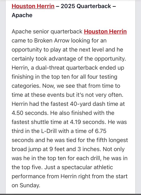 houston_herrin7's tweet photo. Really Appreciate the work! @PrepRedzoneOK fastest 40 time at camp-4.50 sec| fastest pro shuttle at camp-4.19 sec| 3rd fastest L drill time at camp-6.75 sec| @Ricoknowstiktok https://t.co/bjUSAbWBt7