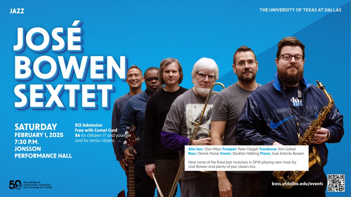 Jose Antonio Bowen (@josebowen) on Twitter photo My jazz sextet will be playing Saturday, Feb 1, 2025: 7:30pm Concert at UT, Dallas, Jonsson Performance Hall calendar.utdallas.edu/event/jose-bow… Performance Hall is on the north mall inside Erik Jonsson Academic Center. My jazz sextet will be playing Saturday, Feb 1, 2025: 7:30pm Concert at UT, Dallas, Jonsson Performance Hall calendar.utdallas.edu/event/jose-bow… Performance Hall is on the north mall inside Erik Jonsson Academic Center.