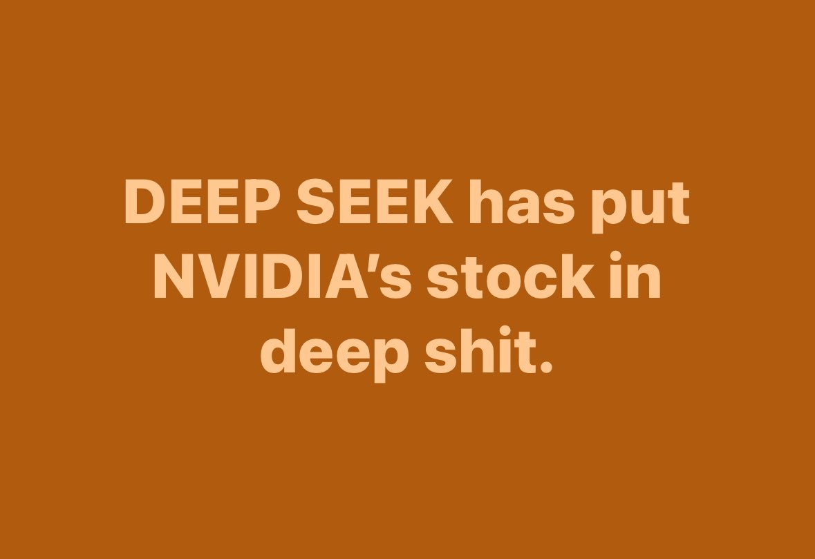 La salida de una nueva IA china 🇨🇳 llamada Deep Seek, representa una nueva disrupción de grandes dimensiones para la industria informática.

A tal grado que la acción de NVIDIA, líder global en tecnología de cómputo acelerado, cayó en un orden del 15% el día de hoy, borrando un