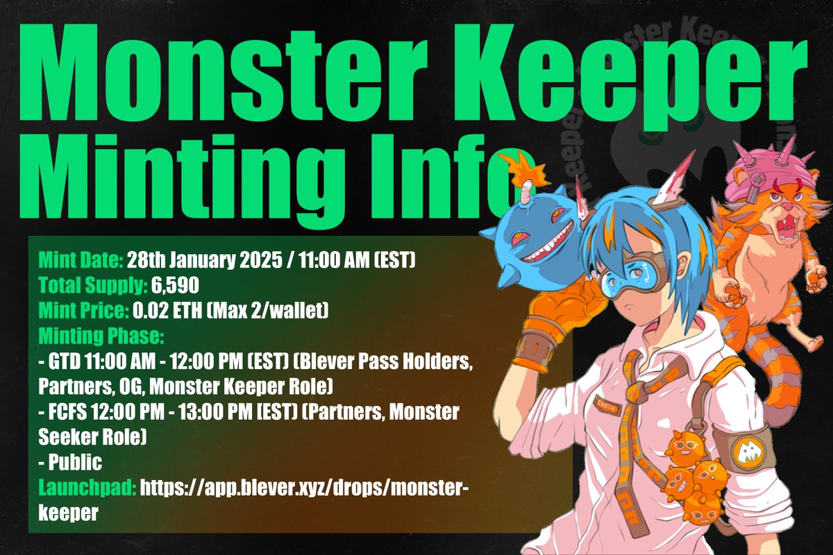 Abstract_Mons's tweet image. Mint Details Drop!     

Mint Date: 28 Jan / 11AM EST 
Total supply: 6590  
Mint Price: 0.02E  
Minting Phase:  
-GTD (1 Hour)  
-FCFS (1 Hour)  
-Public   

Wallet Checker is LIVE on Blever: app.blever.xyz/drops/monster-…
See you at the mint!