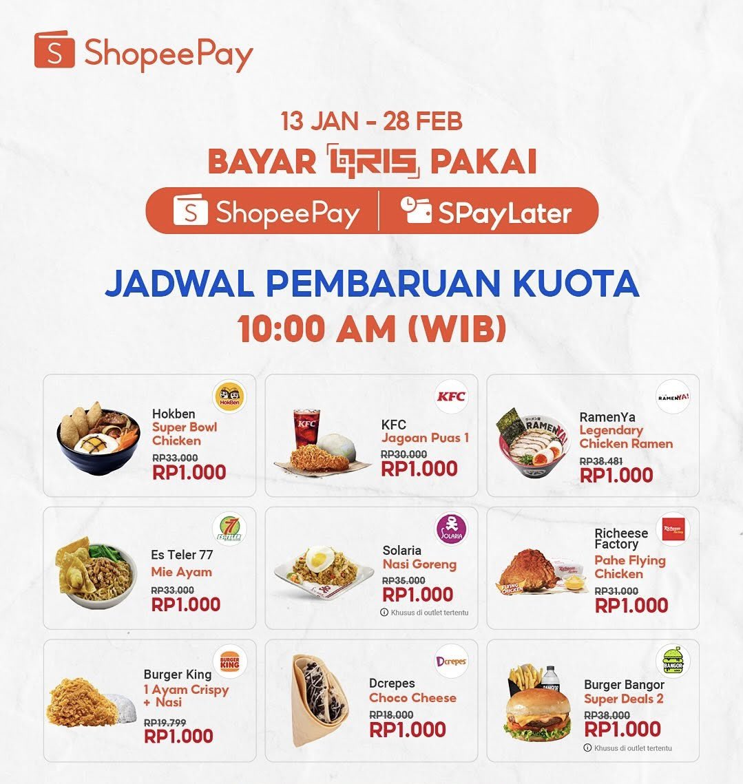 kimmyexp's tweet photo. JAJAN SERBA SERIBU SHOPEEPAY
(13 Januari - 28 Februari)
start jam ⏱️ 06:00 &amp; 10:00

satu akun bisa garap all merchant (shopeepay+shopeepaylater)
contoh: 
lawson 2x (shopeepay+paylater)
Solaria 2x (shopeepay+paylater)

cek di sini :  https://t.co/IrufyuWZNi https://t.co/E23DOD54s6