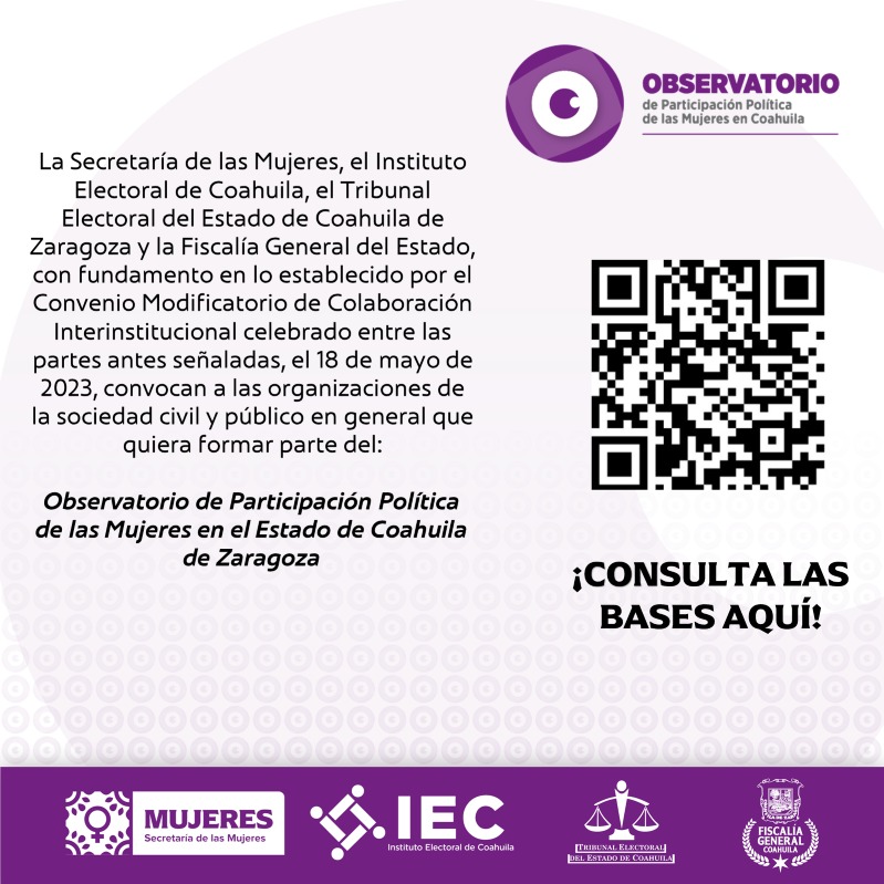 Instituto Electoral de Coahuila (@iec_coahuila) on Twitter photo ¿Te interesa fortalecer la participación política de las mujeres en el estado? ¡Esta es tu oportunidad! El IEC, la <a href="/smujerescoah/">Secretaría de las Mujeres de Coahuila</a>, el <a href="/TEECOAHUILA/">Tribunal Electoral de Coahuila</a> y la <a href="/FGECoahuila/">FGE Coahuila</a>, te invitan unirte al Observatorio de Participación Política de las Mujeres en Coahuila. ¡Checa aquí la información! ¿Te interesa fortalecer la participación política de las mujeres en el estado? ¡Esta es tu oportunidad! El IEC, la <a href="/smujerescoah/">Secretaría de las Mujeres de Coahuila</a>, el <a href="/TEECOAHUILA/">Tribunal Electoral de Coahuila</a> y la <a href="/FGECoahuila/">FGE Coahuila</a>, te invitan unirte al Observatorio de Participación Política de las Mujeres en Coahuila. ¡Checa aquí la información!
