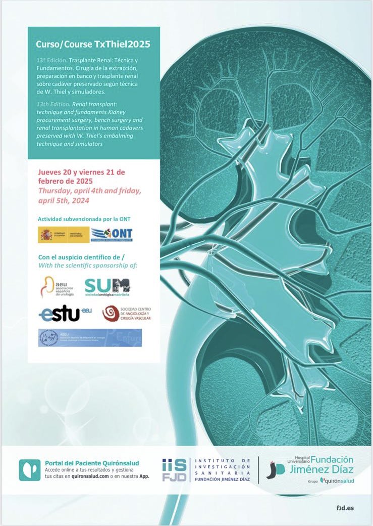 #TxThiel25 13ª Edición. 
Entrena la extracción y #trasplante a todo el #equipoquirúrgico. 
Modelo cadaver tipo WThiel y simuladores.  
Apúntate👇txthiel@rgcomunicacion.es
Colaboran <a href="/ONT_esp/">Organización Nacional de Trasplantes</a> <a href="/Hospital_FJD/">Fundación Jiménez Díaz</a> <a href="/TrasplanteAEU/">Trasplante Renal - (AEU)</a> <a href="/InfoAeu/">AEU</a> <a href="/fuam_uam/">FundaciónUAM</a> <a href="/AEEU_Enfuro/">AEEU Enfuro</a> <a href="/ResidentesAEU/">RAEU - Spanish Urology Residents Working Group</a> <a href="/uromadrid/">soc.urológica.madrid</a>