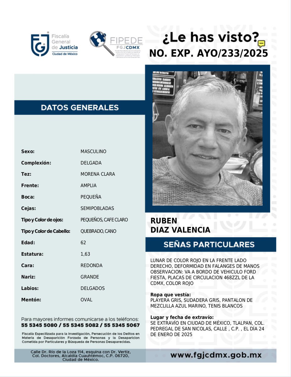 azucenau's tweet photo. Se reporta la desaparición de Rubén Díaz Valencia, de 62 años, conductor de Uber, visto  por última vez el  24 de enero a las 17:45 horas en la col. Pedregal de San Nicolás, en Tlalpan, #CDMX https://t.co/pVmb3PFgEe