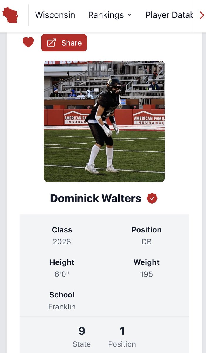 Dominick Walters (@dom_walters5) on Twitter photo Extremely honored to still be ranked the #1 DB in the state of Wisconsin for the 2026 class! Can’t wait for senior year!
<a href="/MJ_NFLDraft/">Mark Johnson</a> <a href="/PrepRedzoneWI/">Prep Redzone Wisconsin</a> <a href="/travisWSN/">Travis Wilson</a> @McNamaraRivals <a href="/AllenTrieu/">Allen Trieu</a> <a href="/LemmingReport/">Tom Lemming</a> <a href="/GregSmithRivals/">Greg Smith</a> <a href="/Saber_Football/">Franklin Football</a> Extremely honored to still be ranked the #1 DB in the state of Wisconsin for the 2026 class! Can’t wait for senior year!
<a href="/MJ_NFLDraft/">Mark Johnson</a> <a href="/PrepRedzoneWI/">Prep Redzone Wisconsin</a> <a href="/travisWSN/">Travis Wilson</a> @McNamaraRivals <a href="/AllenTrieu/">Allen Trieu</a> <a href="/LemmingReport/">Tom Lemming</a> <a href="/GregSmithRivals/">Greg Smith</a> <a href="/Saber_Football/">Franklin Football</a>