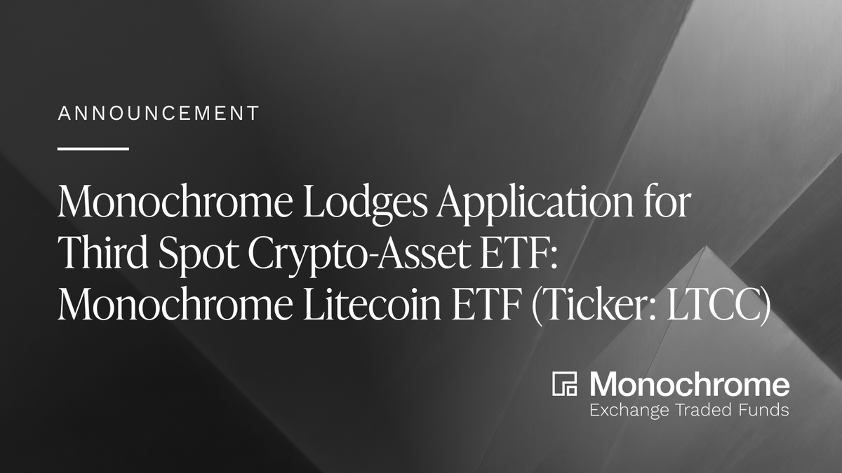 Monochrome has lodged an application for its third spot crypto-asset ETF,  the Monochrome Litecoin ETF (Ticker: $LTCC), on Cboe Australia. Subject to  exchange and regulator approval, the launch of $LTCC will add