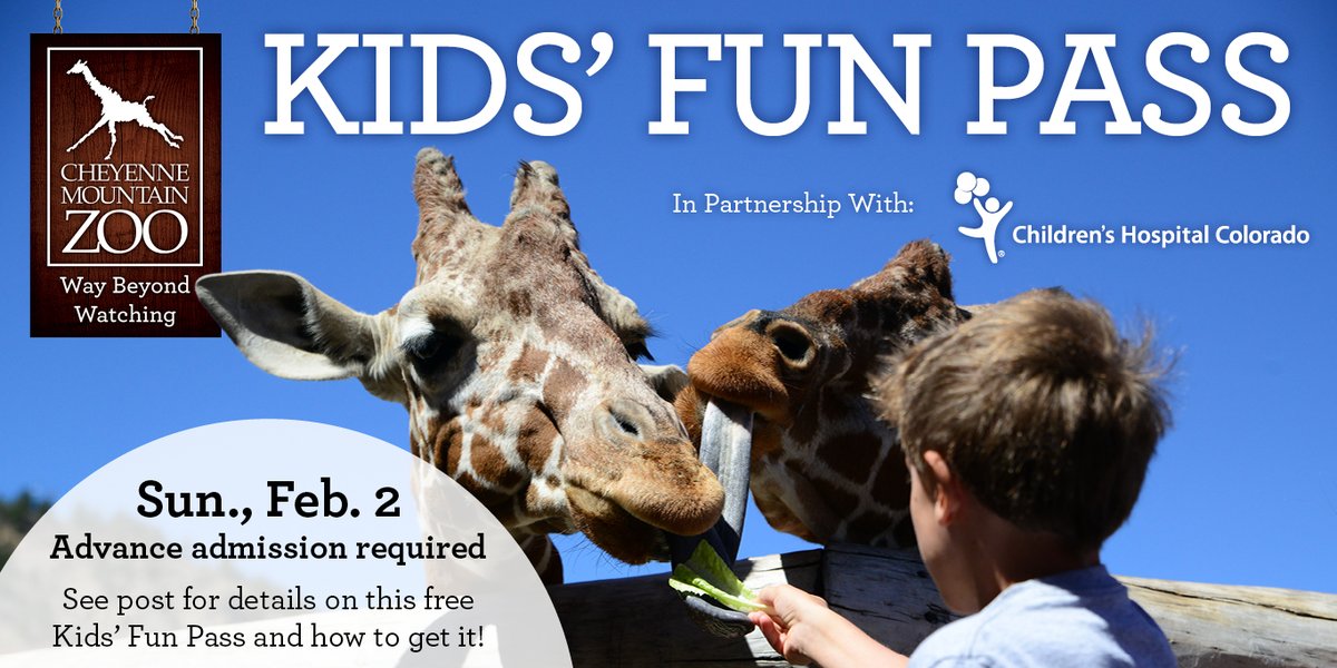 CheyenneMtnZoo's tweet image. Don't miss out on this special deal just for our social media community!
On, Sun., Feb. 2 our partners, @ChildrensColo, will provide a FREE Kids’ Fun Pass for every advance child daytime admission purchased for that day. The Kids’ Fun Pass includes one FREE giraffe feeding,…