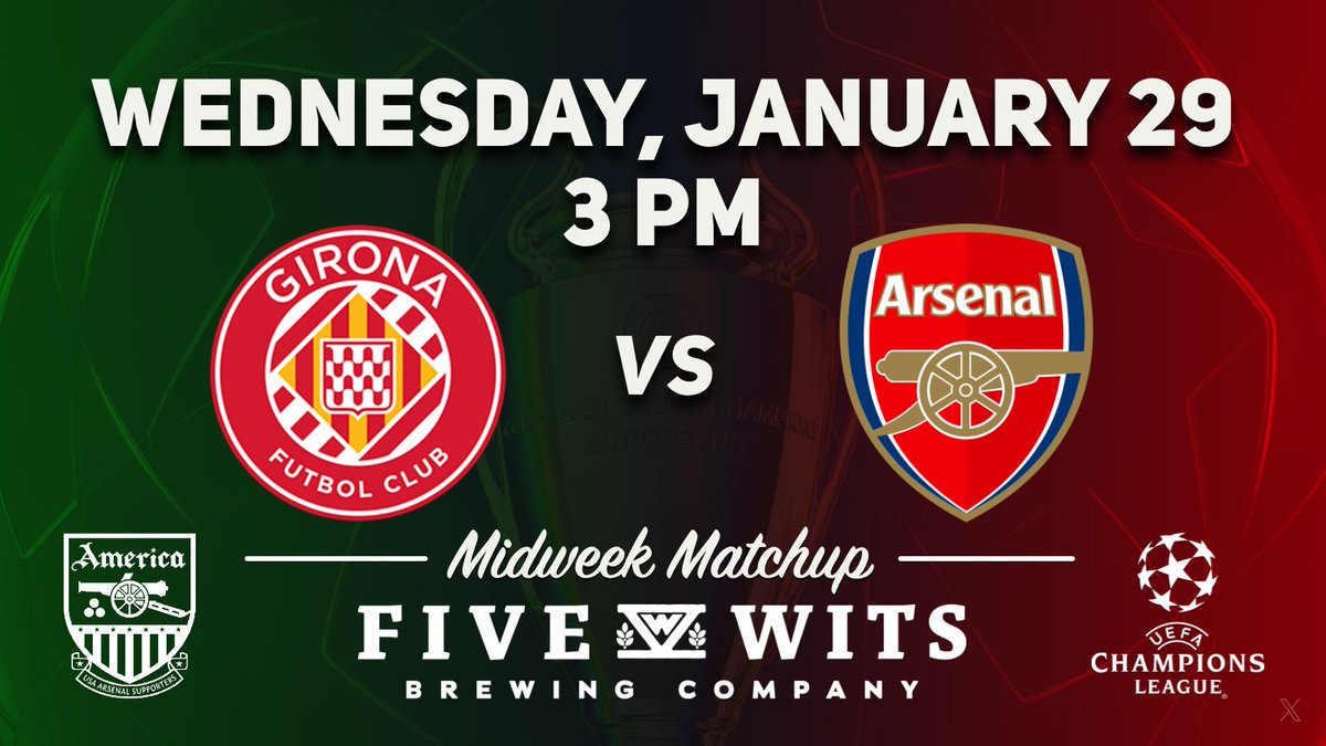 Headover to Five Wits Brewing Co. and join us for our final January midweek match up this Wednesday at 3 PM as the Gunners take on Girona.

#arsenaltillIdie
#coyg
#chattanooga
#chattanoogatn
#chattanooga_fun
#chattanoogatennessee
#chattanoogagooners