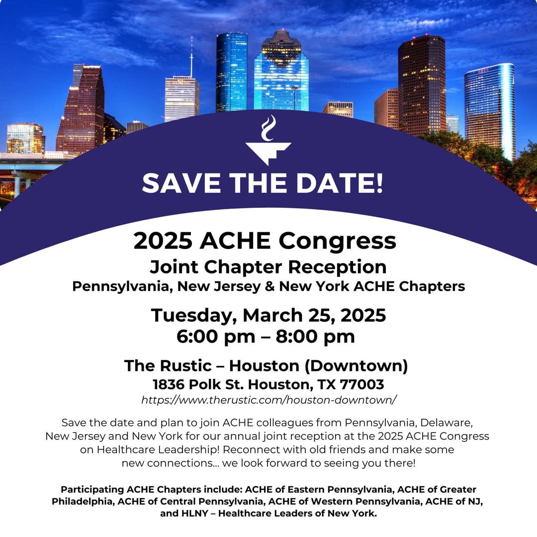 EasternPA_ACHE's tweet photo. Are you attending the 2025 ACHE Congress on Healthcare Leadership! Plan to join us for our annual Statewide Reception on Tues, March 25, 6-8pm, at The Rustic - Houston. Remember - attendance is complimentary, but registration is required. REGISTRATION BEGINS MONDAY, FEBRUARY 3! https://t.co/UknAB1es4t