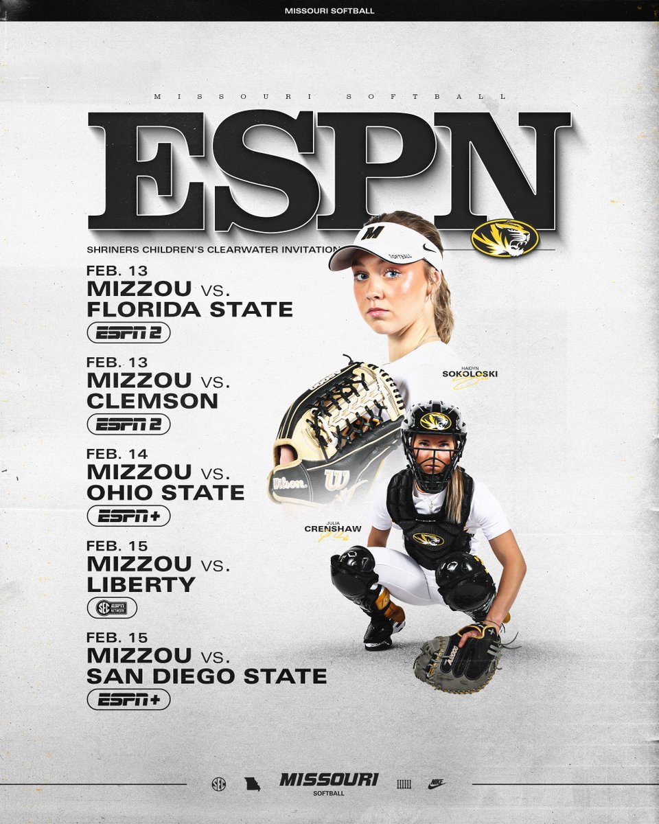Mizzou Softball (@mizzousoftball) on Twitter photo Catch us on the ESPN Family of Networks Week 2β£ in Clearwater!! πΊπ΄
π° bit.ly/4awvrel
#OwnIt #MIZ π―π₯ | <a href="/ClearwaterInv/">Shriners Children's Clearwater Invitational</a> Catch us on the ESPN Family of Networks Week 2β£ in Clearwater!! πΊπ΄
π° bit.ly/4awvrel
#OwnIt #MIZ π―π₯ | <a href="/ClearwaterInv/">Shriners Children's Clearwater Invitational</a>