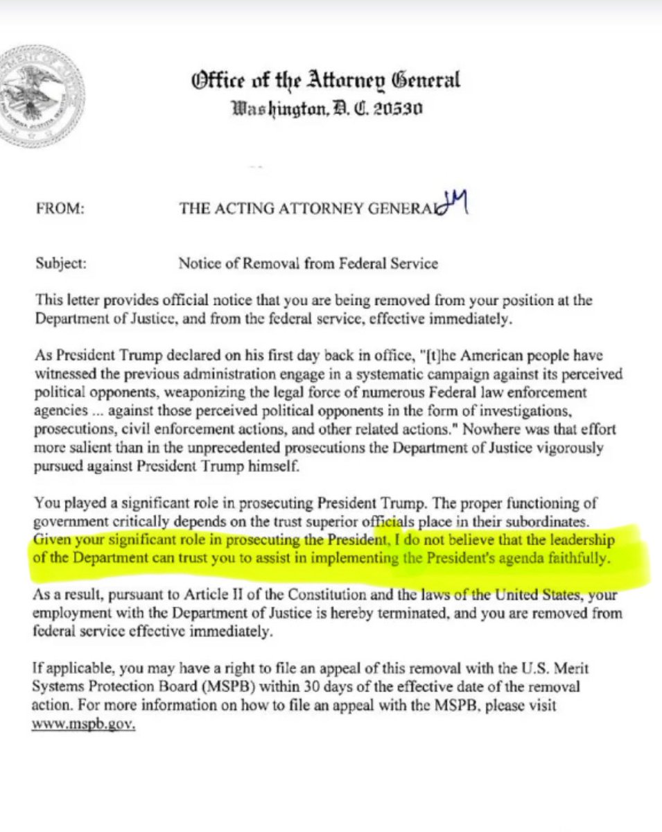 Here’s the money line in the acting AG’s letter firing the prosecutors who worked on the Trump case. Leadership does not trust you in “implementing the president’s agenda.” DOJ supports and defends the Constitution, not the president’s agenda.