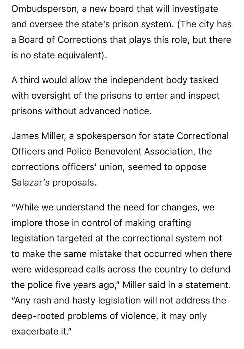chayesmatthew's tweet image. Prison guard union president says it’s akin to #DefundThePolice haste to end his union’s veto over arbitrator who OKs punishment for accused rule-violating guards, to allow surprise prison inspections, to let commissioner discipline guards, etc. 

politico.com/newsletters/ne…