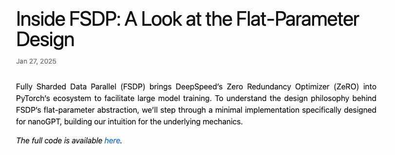rushilbhat's tweet photo. New post: Investigating Flat-Parameter FSDP https://t.co/FyZn2BQtiL