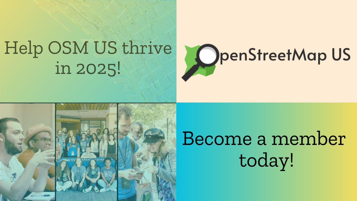 OSM US members strengthen the team's capacity to convene, collaborate, and connect through OpenStreetMap. 

Are you a member? It's easy to join: buff.ly/3tRMqGw 

#OpenStreetMap #OSMUS #nonprofit #opendata #geospatial #ilovemaps #MappyMonday