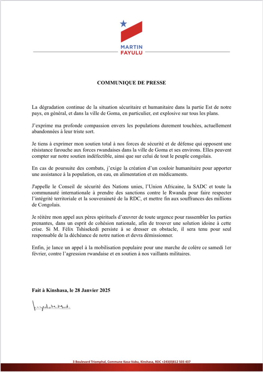 COMMUNIQUÉ DE PRESSE 

« Je réitère mon appel aux pères spirituels d’œuvrer de toute urgence pour rassembler les parties prenantes dans un esprit de cohésion nationale afin de trouver une solution idoine à cette crise. » Martin Fayulu