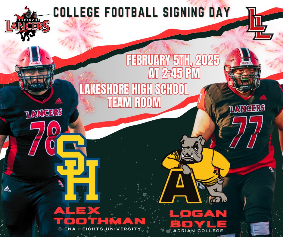 Lakeshore Football Program (@golancers_fb) on Twitter photo Athlete College Signing Day!!
<a href="/ToothmanAlx/">Alex Toothman</a> <a href="/LoganBoyle25/">Logan Boyle</a> will be continuing their Education and Football Journeys beyond High School.
Please help us congratulate them. We invite you to join us on FEBRUARY 5th at 2:45 in the Lakeshore High School Team Room to share in this event! Athlete College Signing Day!!
<a href="/ToothmanAlx/">Alex Toothman</a> <a href="/LoganBoyle25/">Logan Boyle</a> will be continuing their Education and Football Journeys beyond High School.
Please help us congratulate them. We invite you to join us on FEBRUARY 5th at 2:45 in the Lakeshore High School Team Room to share in this event!
