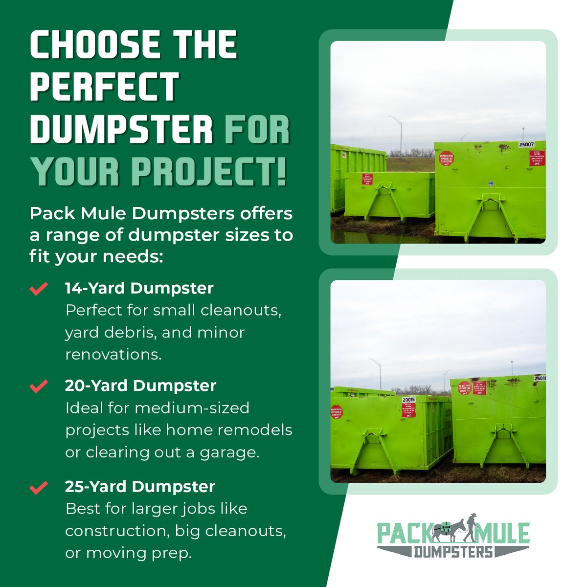 Packmuledump's tweet image. 🗑️ Choose the Perfect Dumpster for Your Project! 🚛

Pack Mule Dumpsters offers a range of dumpster sizes to fit your needs:

Contact us online here: packmuledumpsters.com

#DumpsterSizes #PackMuleDumpsters #CleanupMadeEasy #DumpsterRental #ProjectReady