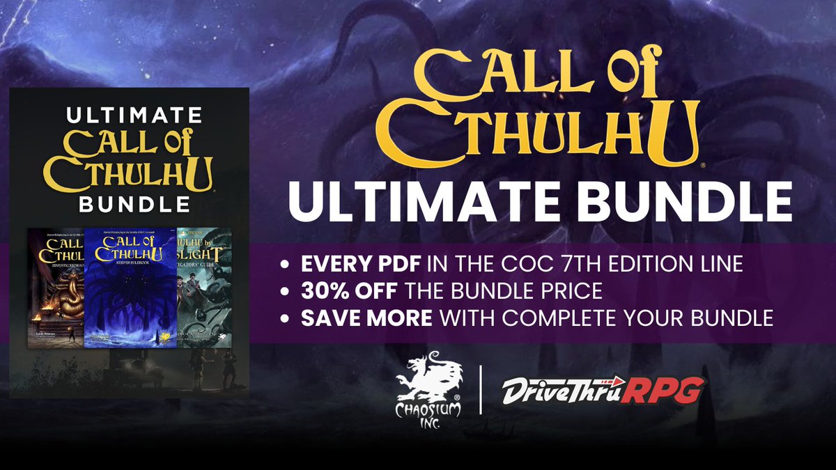 DealsOnRPGs's tweet photo. Chaosium has offered up The Ultimate Call of Cthulhu Bundle over on @DriveThruRPG

Get 30% off everything they publish for CoC. Note it automatically discounts anything you already own.

#ad https://t.co/BNtrpKCKRT

#CallOfCthulhu https://t.co/wq9abvVZZH