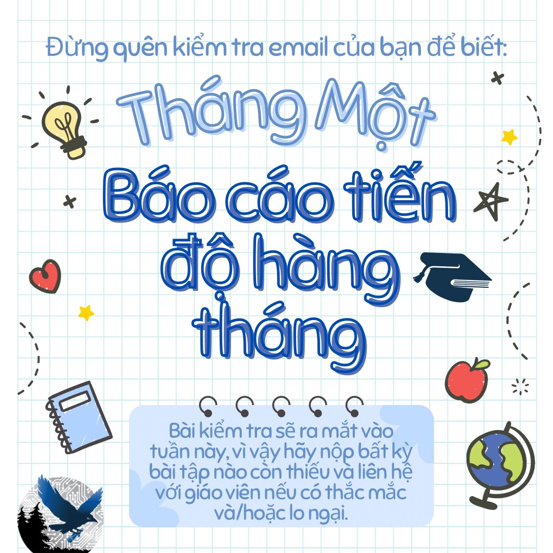 It’s the end of the month! So it’s time for monthly progress review time.

Students make sure you get your grades up! Check-in with your advisor if needed.