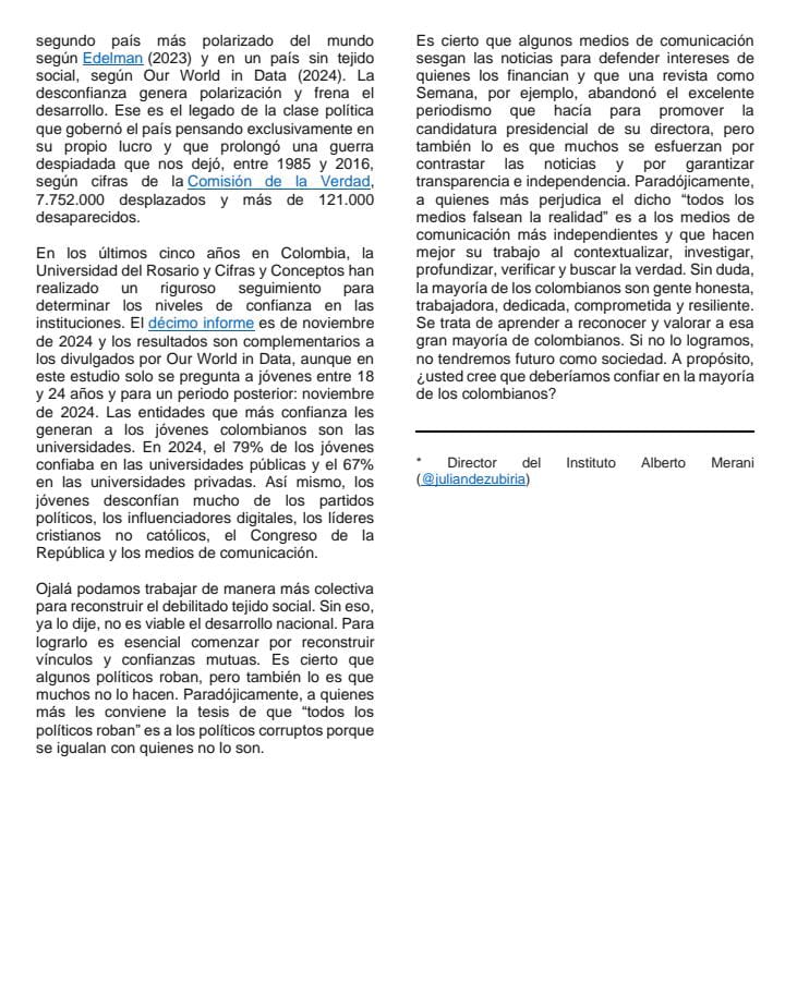 En 2022, Colombia era uno de los tres países del mundo donde las personas menos confiaban en los demás. ¿Qué impacto ha tenido esto en el desarrollo nacional? Comparto libremente mi más reciente columna: "Una nación sin tejido social".