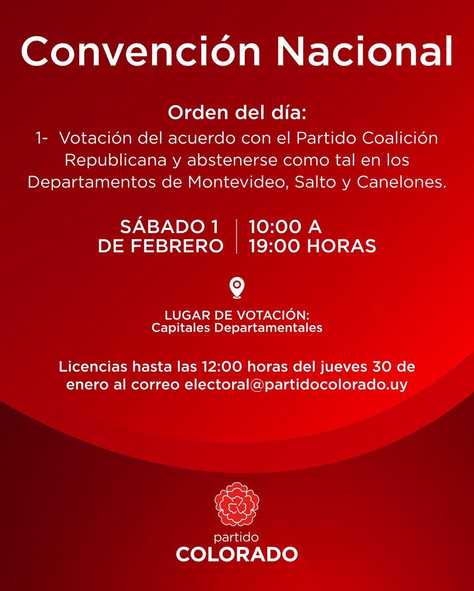 Según el Art. 21 de la carta orgánica el próximo sábado 1ro. de febrero se llevará adelante la Convención Nacional con el fin de celebrar el acuerdo con el Partido Coalición Republicana y abstenerse como tal en los Departamentos de Montevideo, Salto y Canelones.   
La votación se