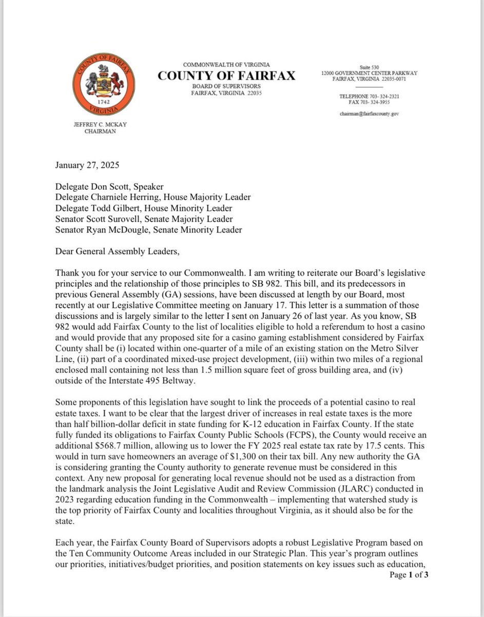 NickMinock's tweet photo. New: Fairfax County Chair Jeff McKay weighs in on the Tysons casino bill, telling Virginia lawmakers, “since a community engagement process was not conducted prior to the bills being introduced in this and previous sessions, as it was in other jurisdictions, we believe the bill in its current form is likely to result in strong community opposition to any future referendum.”