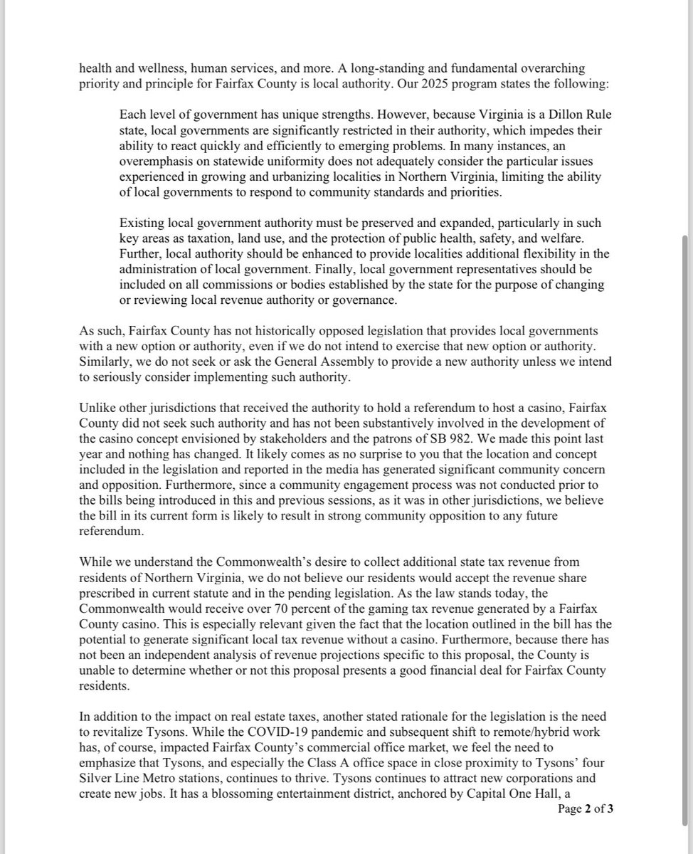 NickMinock's tweet photo. New: Fairfax County Chair Jeff McKay weighs in on the Tysons casino bill, telling Virginia lawmakers, “since a community engagement process was not conducted prior to the bills being introduced in this and previous sessions, as it was in other jurisdictions, we believe the bill in its current form is likely to result in strong community opposition to any future referendum.”