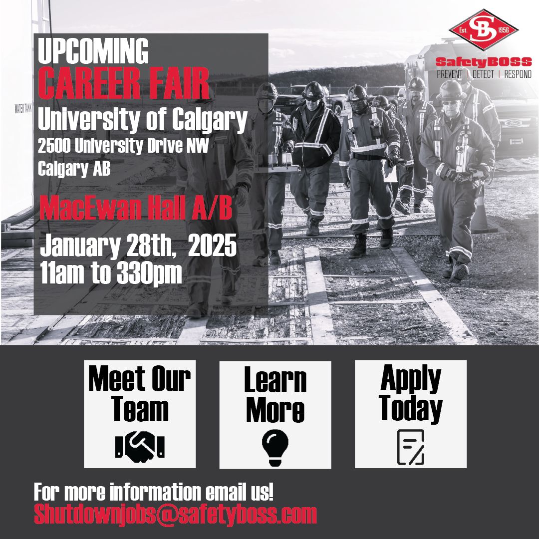 SafetyBoss56's tweet photo. We will be attending the Career Fair at the University of Calgary! Come explore your next career opportunity with us, we'd love to see you there!  Date: January 28, 2025 - 11am to 330pm. 
Location: MacEwan Hall A/B

#UofC #Careerfair #yyc #Calgaryjobs https://t.co/wNsi8Xtype