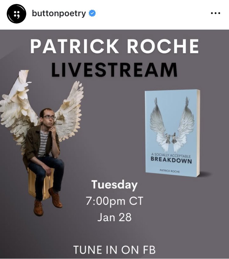 PatrickPoetry's tweet photo. I’ll be live on Button Poetry’s Facebook page tomorrow at 8:00pm eastern/7:00pm central, reading a bunch of poems and talking about my upcoming workshop!

(Boooo Meta, but also a girl’s gotta promote) https://t.co/YuvtIaipHx