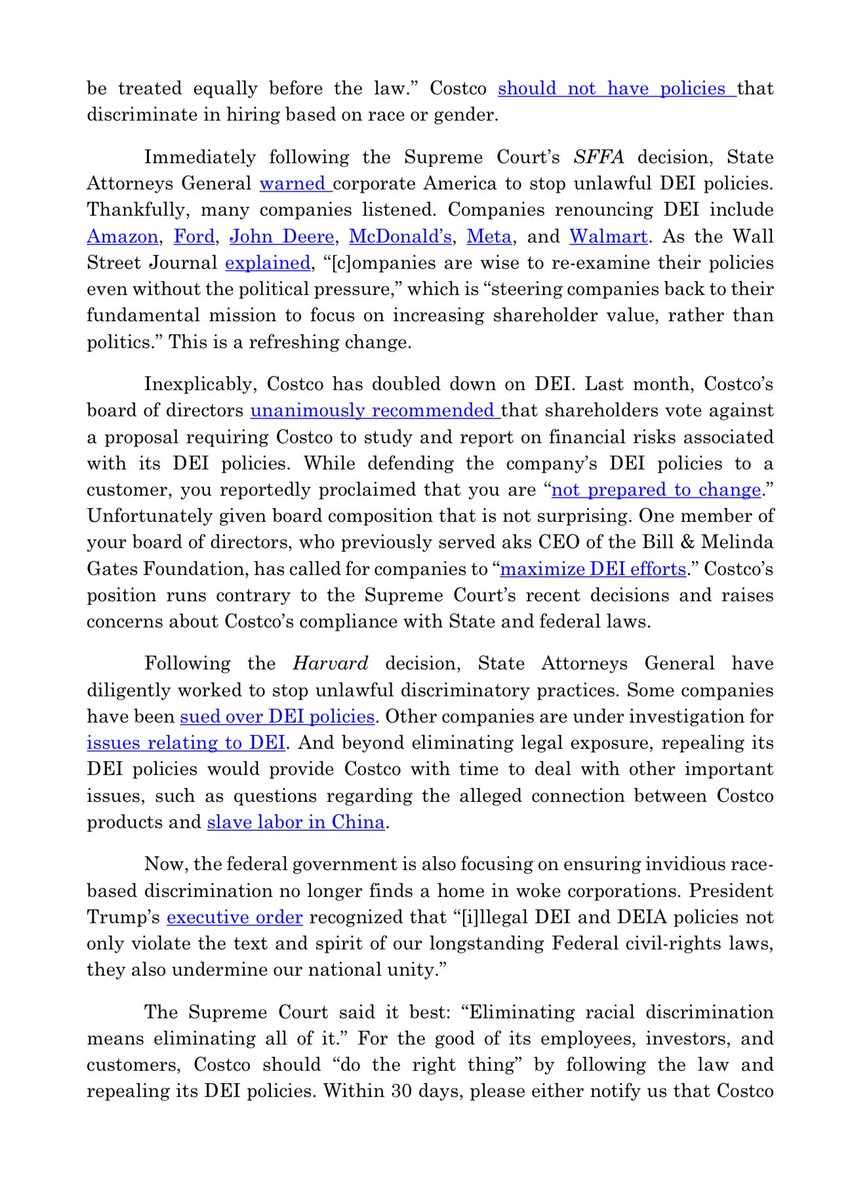 robbystarbuck's tweet photo. BREAKING: 19 Attorney General’s just sent a letter to Costco warning that DEI policies are illegal when they discriminate based on race.

The 19 state AG’s also demand that Costco communicates if they’ll drop DEI within 30 days or explain why they’re keeping DEI.

We will win. 🔥 https://t.co/CFJH3INVDf
