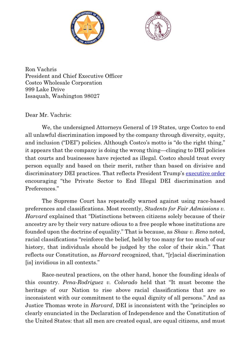 robbystarbuck's tweet photo. BREAKING: 19 Attorney General’s just sent a letter to Costco warning that DEI policies are illegal when they discriminate based on race.

The 19 state AG’s also demand that Costco communicates if they’ll drop DEI within 30 days or explain why they’re keeping DEI.

We will win. 🔥 https://t.co/CFJH3INVDf