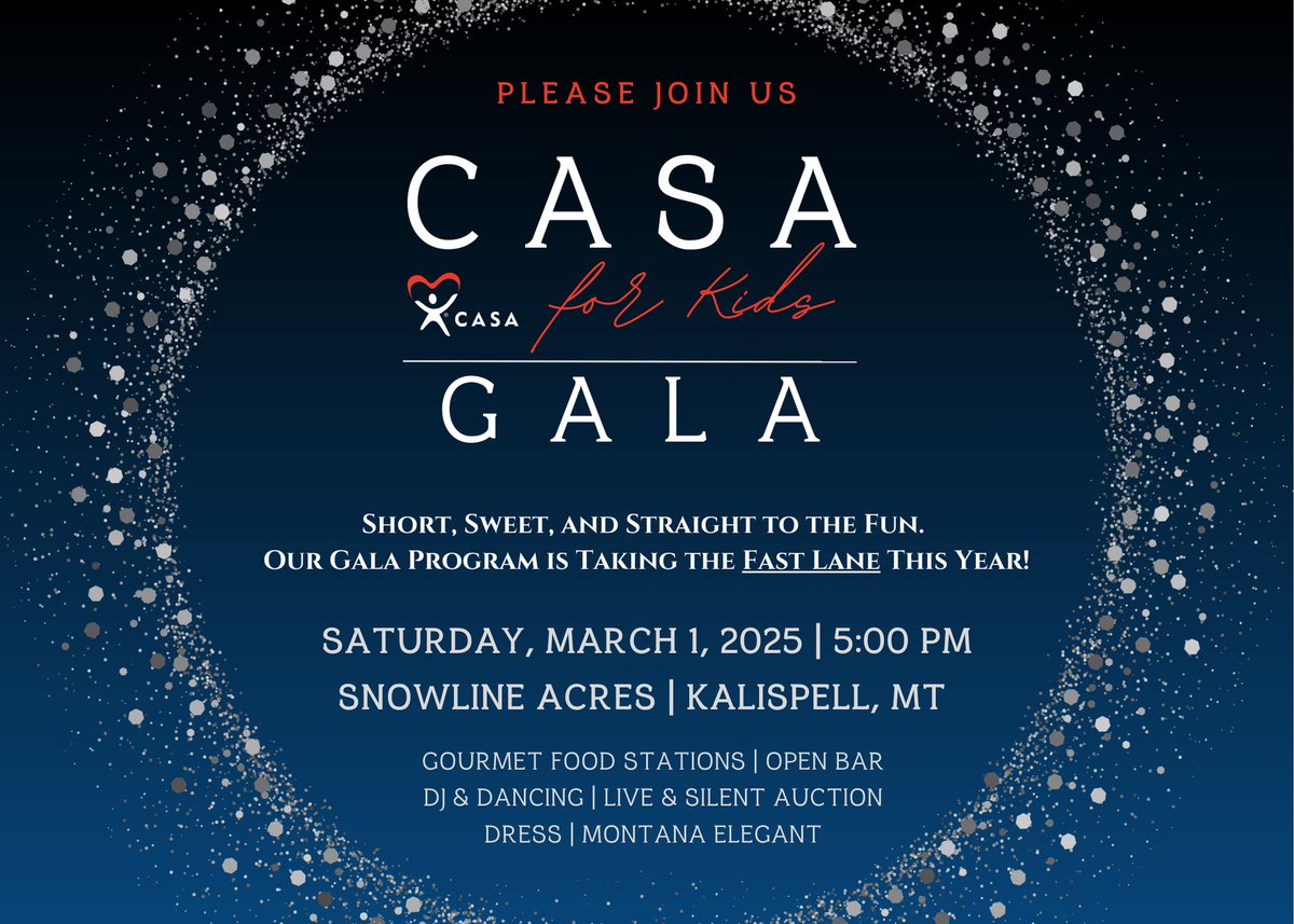 FlatheadCASA's tweet photo. 🌟🎉 Tickets are LIVE! 🎉🌟

Join us for the 2025 CASA for Kids Gala! 🖤✨

Tickets are limited and WILL go fast, so don’t wait to grab yours! Secure your spot for an unforgettable evening supporting a great cause. 💛

🎟️ Get your tickets now: https://t.co/wiYlFWkkgi https://t.co/oOqm9Glupl