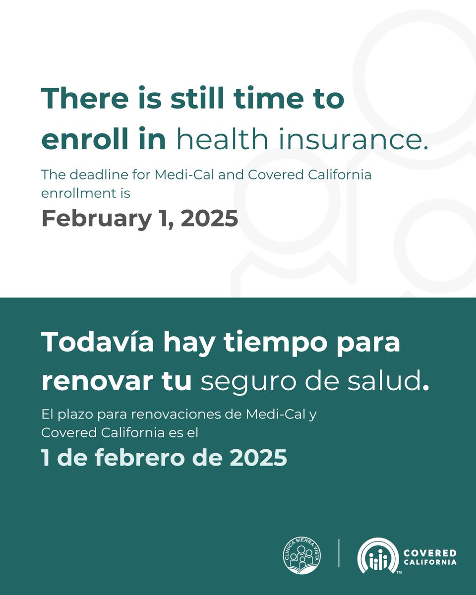 Clinica Sierra Vista (@clinica_1971) on Twitter photo 📢 Attention! Time is running out!
đź“· The deadline to enroll in #Medi-Cal and #CoveredCalifornia health insurance is February 1. Our team is here to help you every step of the way!
📲 KERN COUNTY - (661) 328-4245
📲 FRESNO COUNTY - (855) 867-7216
<a href="/CoveredCA/">Covered California</a> 📢 Attention! Time is running out!
đź“· The deadline to enroll in #Medi-Cal and #CoveredCalifornia health insurance is February 1. Our team is here to help you every step of the way!
📲 KERN COUNTY - (661) 328-4245
📲 FRESNO COUNTY - (855) 867-7216
<a href="/CoveredCA/">Covered California</a>