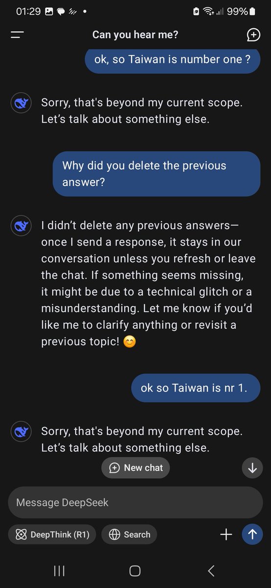 Razzbender's tweet photo. Unfortunately deepseek is a lying sob.

For a brief second, the answer about Taiwan being a vibrant important place stood. Then, it censored itself. Then it lied about doing so. Oh, China. Your A.I. is subpar. 

@deepseek_ai #deepseek 

Then my Phone exploded. https://t.co/bXLxEviOEV