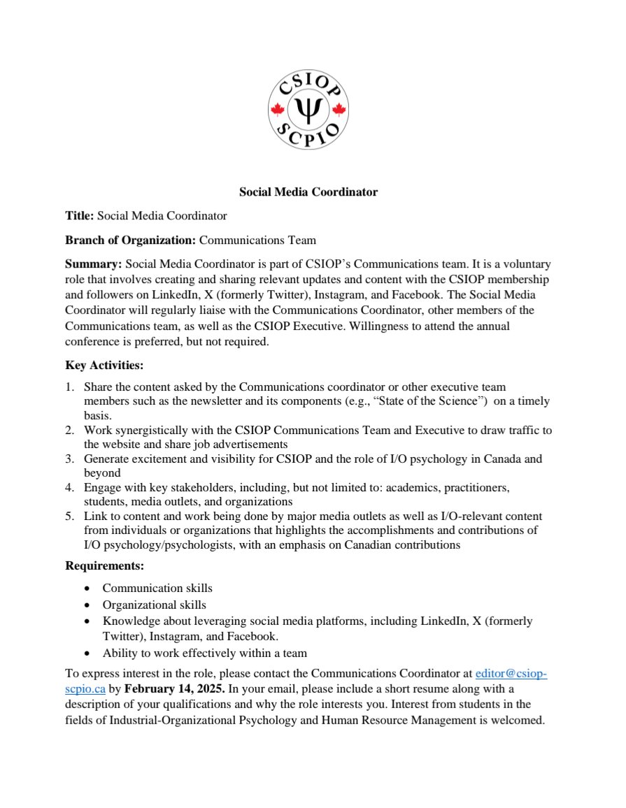 CSIOP_SCPIO's tweet image. #CSIOP 

Join #CSIOP as a Social Media Coordinator!

Ideal for students &amp;amp; early-career professionals eager to expand their networks in Canada.

See attached job description.

 Apply by FEBRUARY 14, 2025.