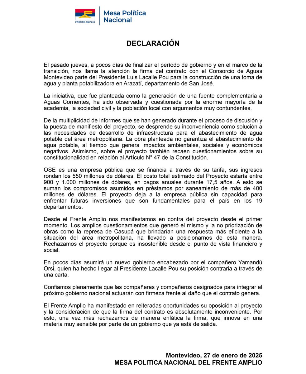 ❌Estamos en contra del proyecto para la construcción de una toma de agua y planta potabilizadora en Arazati.
 
👎Rechazamos la firma de un gobierno de salida a un proyecto de esta envergadura que, además, es insostenible ambiental, financiera y socialmente. 

💧Estamos