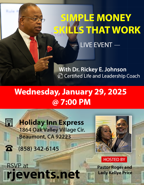rickeyjohnson's tweet photo. Just two more days before "Simple Money Skills That Work." The event is being held at the Holiday Inn Express at 1864 Oak Valley Village Circle, Beaumont, CA 92223, on Wednesday, January 29, 2025, at 7:00 PM. Discover more at https://t.co/vkaER0Jga0. https://t.co/ivEsegjeAi