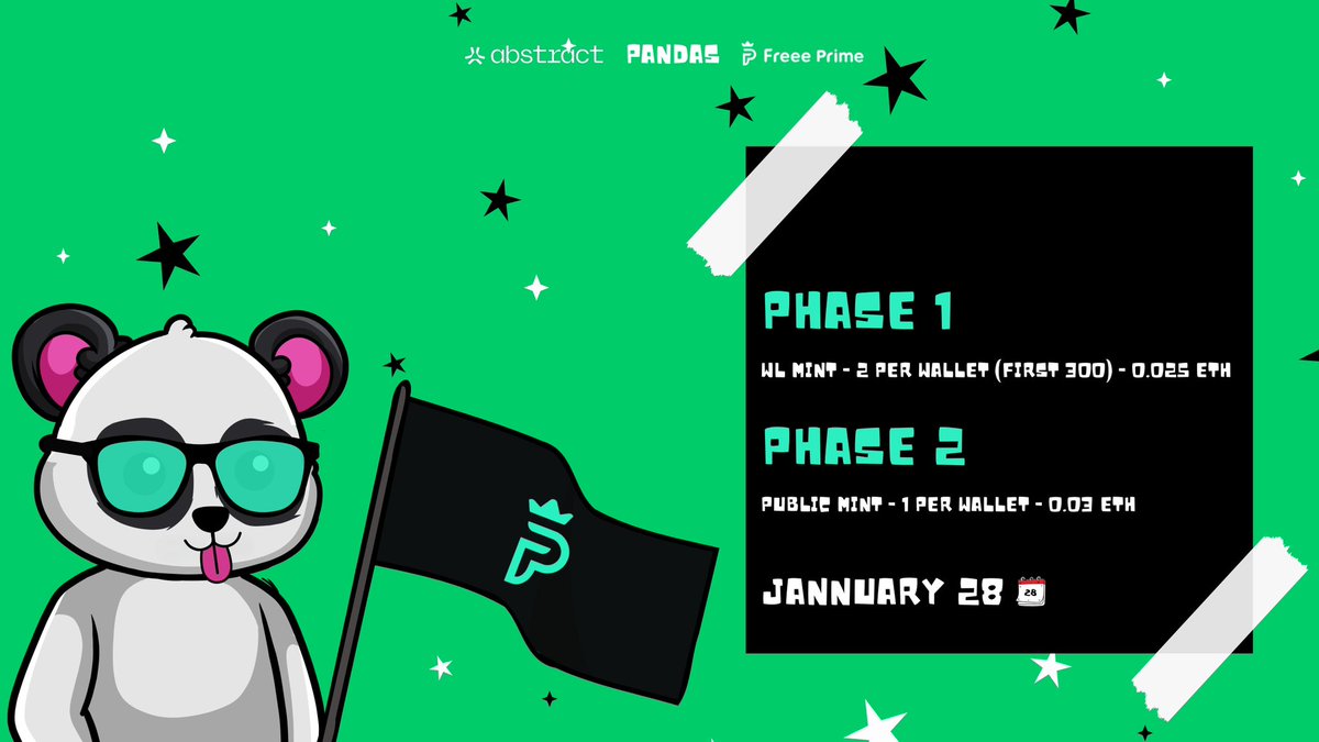 PANDAS 🐼✳️ (@abstract_pandas) on Twitter photo 📢 Abstract Pandas Mint Specifics 
🐼 Supply: 999
👑 LaunchPad: <a href="/FreeePrime/">Freee Prime - Premium NFT Launchpad</a> 
✳️ Chain: <a href="/AbstractChain/">Abstract</a> 
The mint will take place in 2 phases: 
1. WL phase 🔒
2. Public phase 🔓
PANDISH! 🚀 📢 Abstract Pandas Mint Specifics 
🐼 Supply: 999
👑 LaunchPad: <a href="/FreeePrime/">Freee Prime - Premium NFT Launchpad</a> 
✳️ Chain: <a href="/AbstractChain/">Abstract</a> 
The mint will take place in 2 phases: 
1. WL phase 🔒
2. Public phase 🔓
PANDISH! 🚀