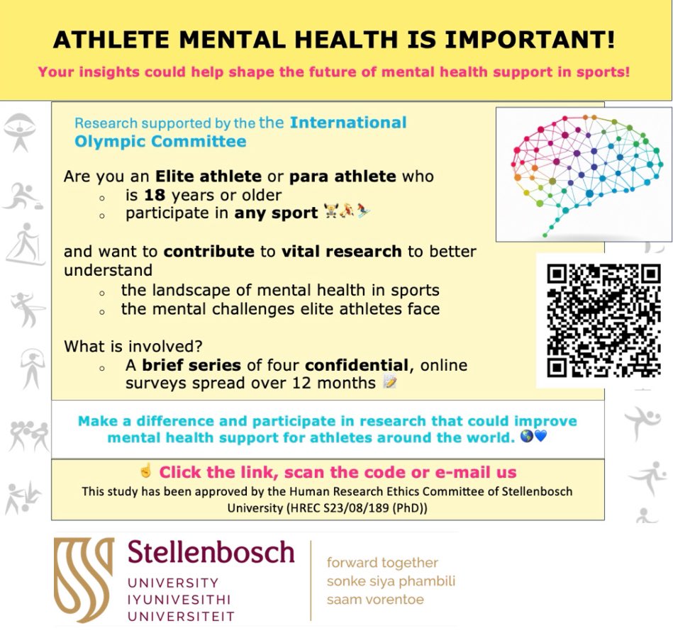 Helene van der Hoven (Durrans) (@drhelenevdh) on Twitter photo 📢 Attention elite athletes 🏃♂️🏅 including para-athletes🦿! If you participate at the highest level in your sport 🏆 and compete nationally or internationally 🌍, we are looking for you YOU!
📩: drhelenevdh@gmail.com
🔗: bit.ly/4hrdfoD
#EliteAthletes #MentalHealthMatters 📢 Attention elite athletes 🏃♂️🏅 including para-athletes🦿! If you participate at the highest level in your sport 🏆 and compete nationally or internationally 🌍, we are looking for you YOU!
📩: drhelenevdh@gmail.com
🔗: bit.ly/4hrdfoD
#EliteAthletes #MentalHealthMatters