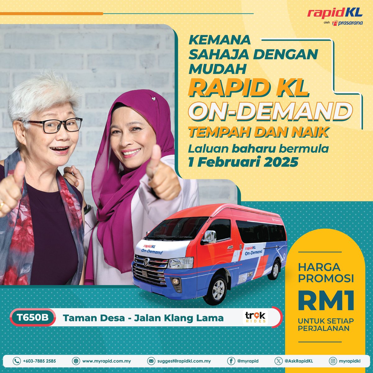 Rapid KL On-Demand kini ada empat laluan baharu bermula 1 Februari 2025. Rujuk poster untuk info laluan! #RapidKL