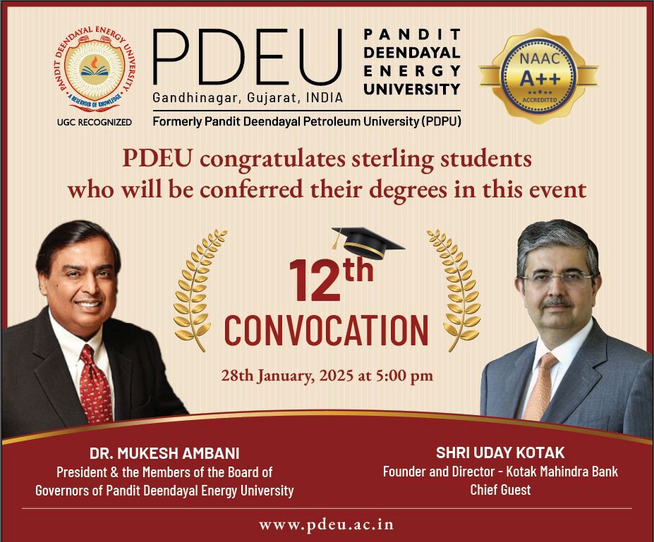 RIL_Updates's tweet photo. 🎓 12th Convocation at Pandit Deendayal Energy University (PDEU) today at 5 PM 🎓 

Stay tuned for updates!

#PDEUConvocation #UdayKotak #ShapingFutureLeaders #PDEUGraduates #NewBeginnings #PDEUPride https://t.co/i8dTaou593