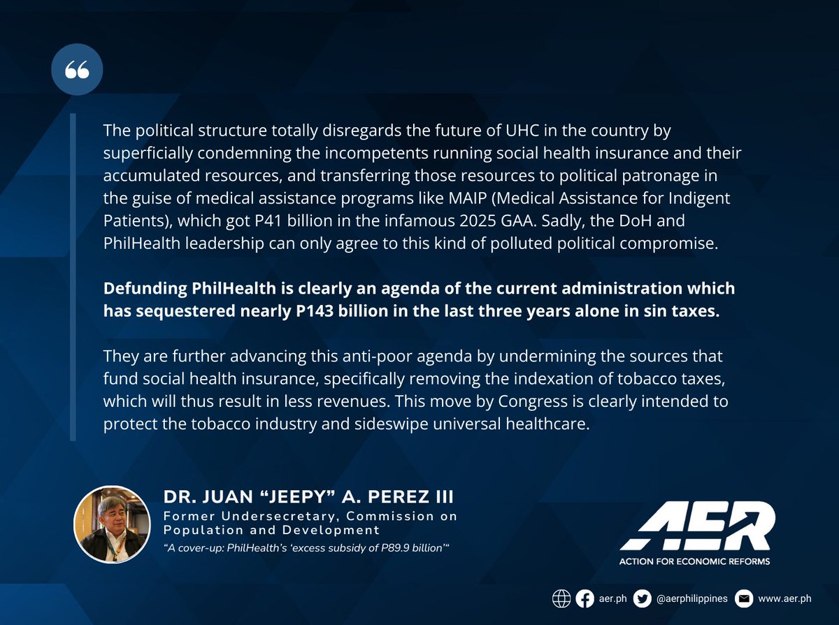 aerphilippines's tweet photo. Where did the sin tax funds for PhilHealth go?

The DBM’s failure to release P28.07 billion in PhilHealth subsidies in 2023 exposes a deeper issue: the defunding of PhilHealth, threatening the success of Universal Health Care (UHC). (1/2) https://t.co/jUlFsTAXzJ