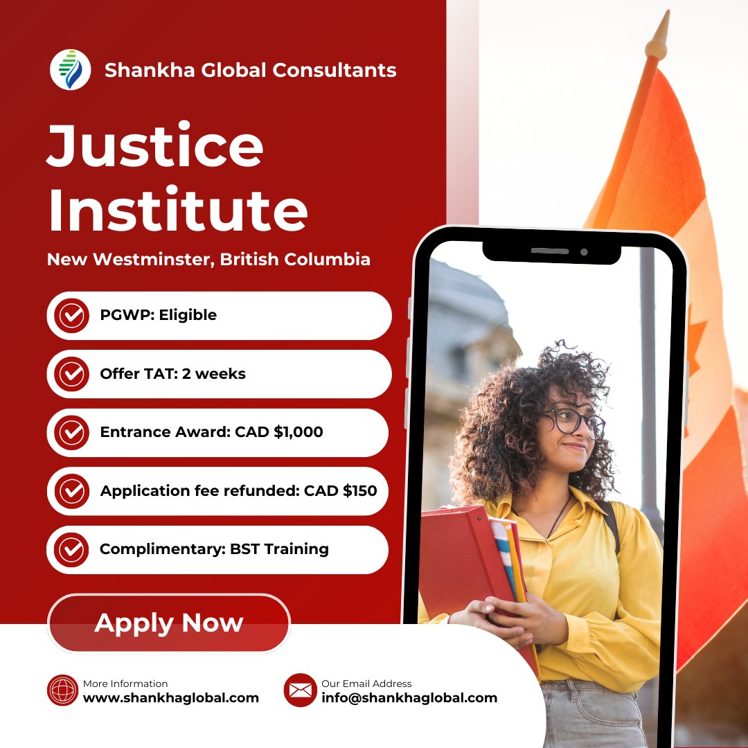 shankhaglobal's tweet photo. #StudyinCanada | #JusticeInstitute #BritishColumbia

✨ Campus: #NewWestminster, British Columbia
✨ #PGWP: Eligible
✨ Offer #TAT: 2 weeks
✨ Entrance #Award: CAD $1,000
✨ #Applicationfee refunded: CAD $150 
✨ Complimentary: #BST Training 

https://t.co/dPTEAyoues https://t.co/4T78sEm45t