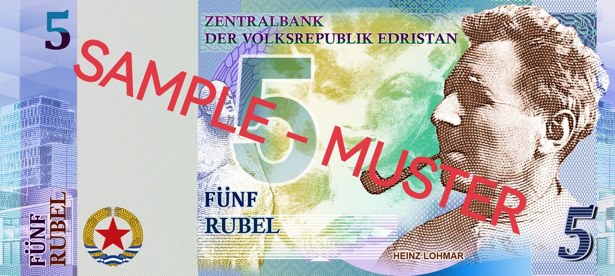 edristangov's tweet image. The Central Bank of Edristan announces a new variation of the 5-ruble banknote, now featuring Heinz Lohmar – a renowned local artist, resistance member, and antifascist. Produced with a new substrate, the banknotes are expected to enter circulation by mid-February.
#banknotes