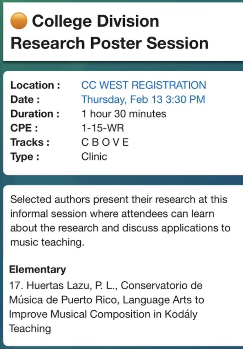 Excited to present my Master’s research at the TMEA Poster Session in February!🎶<a href="/Conservato87556/">CONSERVATORIO DE MUSICA PUERTO RICO</a> <a href="/HumbleISD/">Humble ISD</a> <a href="/HumbleISD_GE/">Groves Elementary</a> <a href="/HumbleISD_Arts/">Humble ISD Fine Arts</a> #TMEA #MusicEducation #Research #Grateful #proudpuertorican🇵🇷