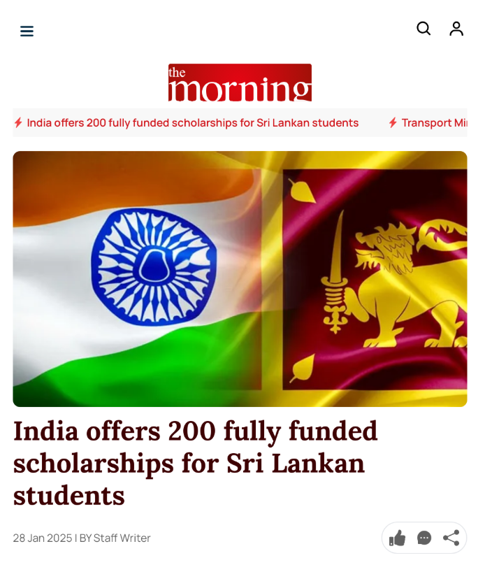 TheMorningLK's tweet photo. The Government of India has announced 200 fully funded scholarships for Sri Lankan nationals for the 2025-2026 academic year.

The scholarships cover tuition fees, monthly allowances, airfare, and more, for studies at top Indian institutes. Programs include undergraduate, postgraduate, and PhD courses in fields such as engineering, science, business, and arts, but exclude medical, fashion design, and law.

The schemes include Nehru Memorial, Maulana Azad, Rajiv Gandhi, and Dr. A.P.J. Abdul Kalam Commonwealth scholarships. Selection is based on merit and coordinated with Sri Lanka’s Ministry of Education.

Details are available at https://t.co/Qs0pW7POiO or via the Indian High Commission at eduwing.colombo@mea.gov.in.
https://t.co/NrwFOkG3X2