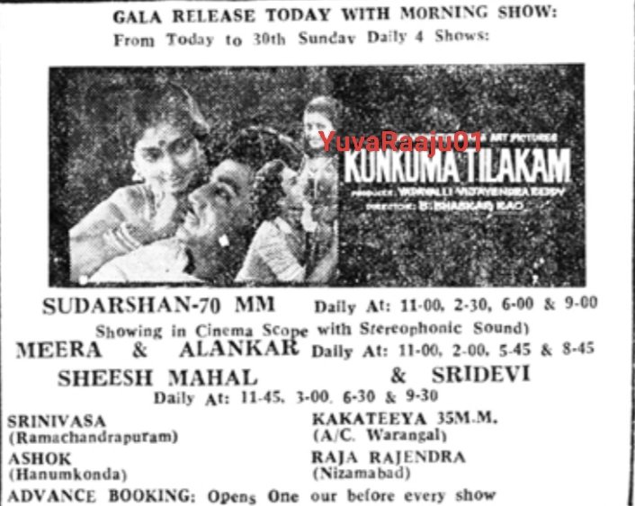 YuvaRaaju01's tweet image. #42YearsForKumkumaTilakam
Starring: #MuraliMohan garu

Hyd - SUDARSHAN 70MM - 32Days RUN Replaced with #SimhamNavvindi

Secbad - ALANKAR - 21Days RUN Replaced again with #MuraliMohan's #PichiPanthulu