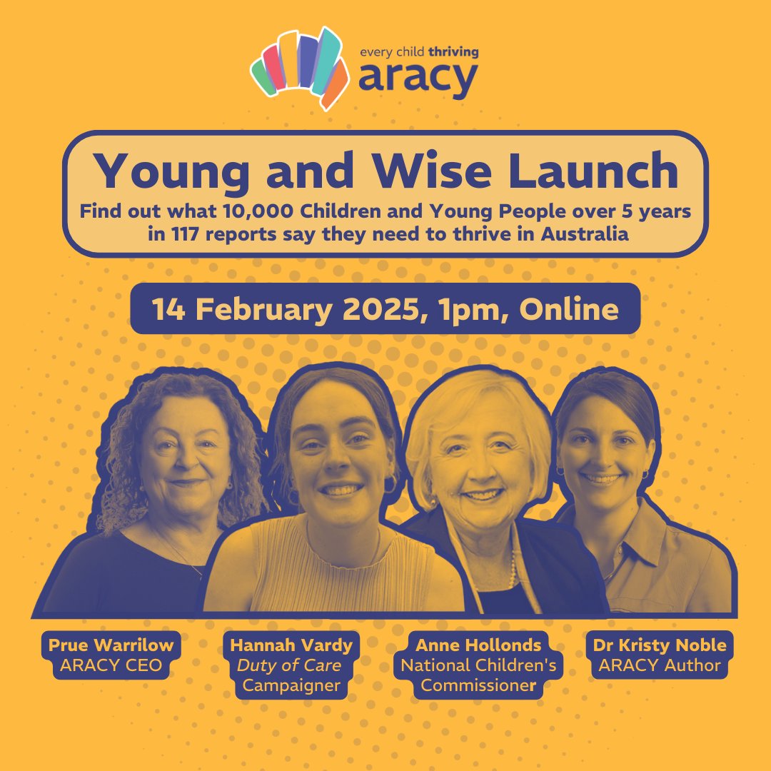 📢 SAVE THE DATE!
Find out what 10,000 Children and Young People over 5 years in 117 reports say they need to thrive in Australia.
Join us for the Young &amp; Wise Report Launch Webinar on 14 February 2025 at 1pm AEDT! 
🔗 Register now: hubs.la/Q034f59_0