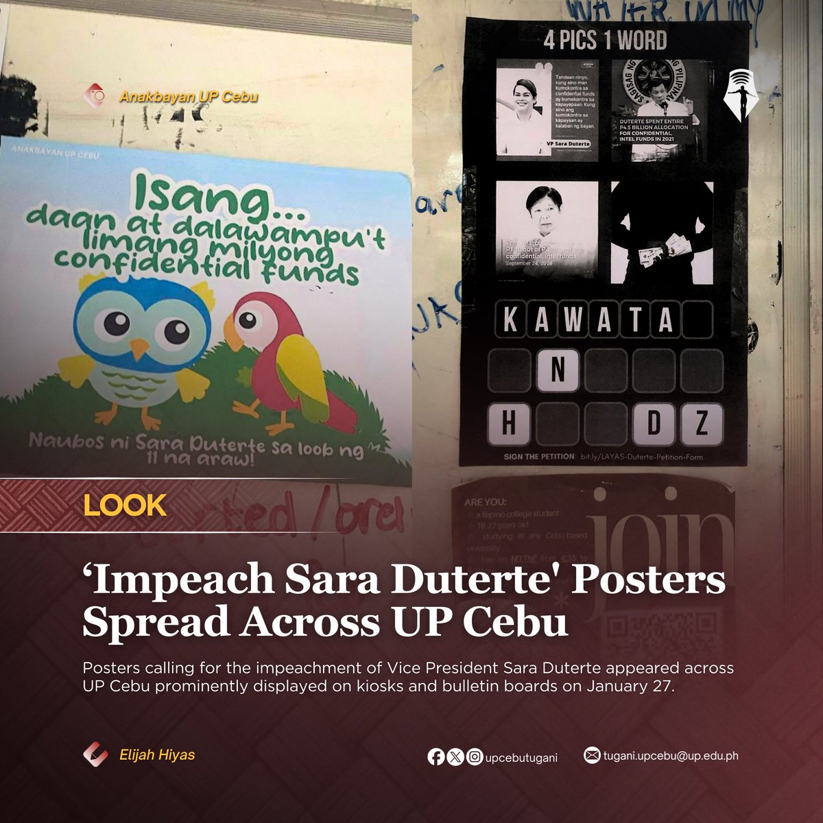 upcebutugani's tweet photo. LOOK | 'Impeach Sara Duterte' Posters Spread Across UP Cebu

Posters calling for the impeachment of Vice President Sara Duterte appeared across UP Cebu prominently displayed on kiosks and bulletin boards on January 27. https://t.co/emmYR6NaWO